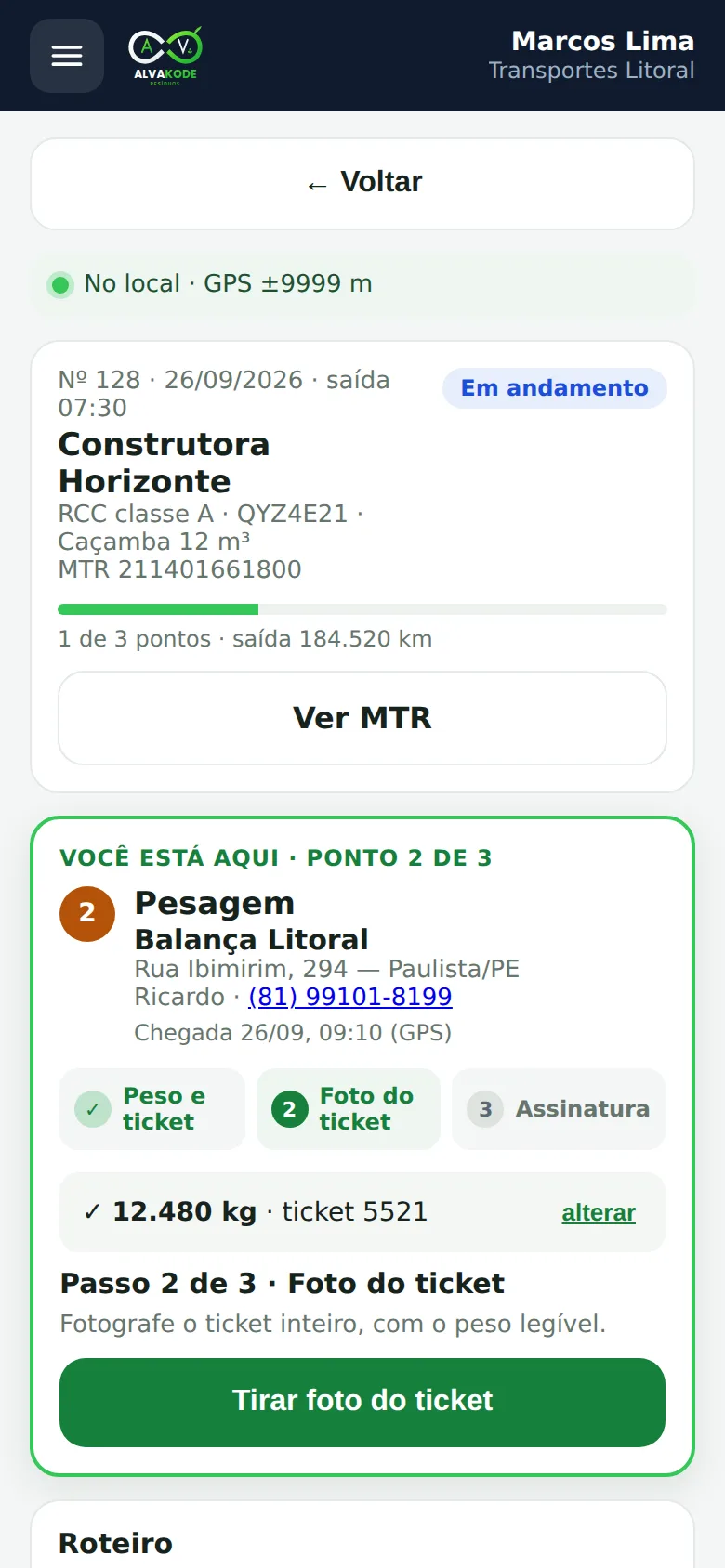 App do motorista: viagem em andamento com a pesagem passo a passo